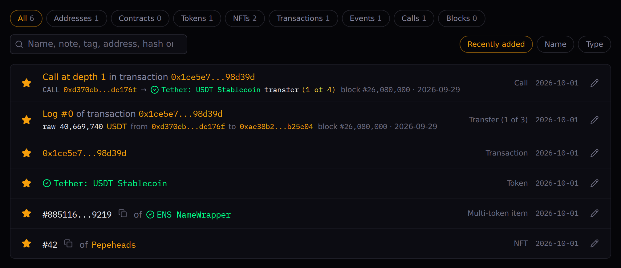 The Favorites list: tabs by type, including NFTs, Events and Calls, search and sort, and saved items — a transaction, a token, a call, an event and two NFTs